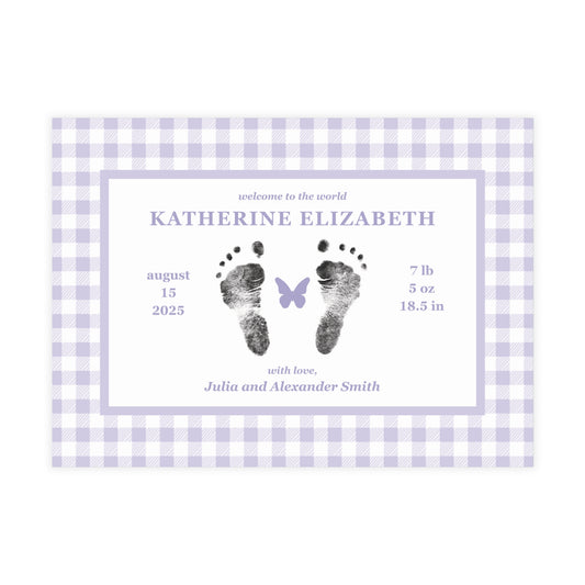 Baby birth announcement card with purple gingham border and footprints on a white background