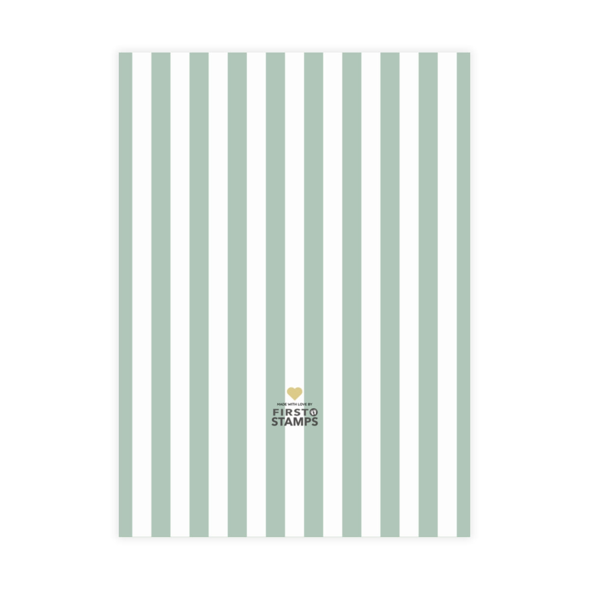 Green and white vertical stripes on a white background. First Stamps logo at the bottom.