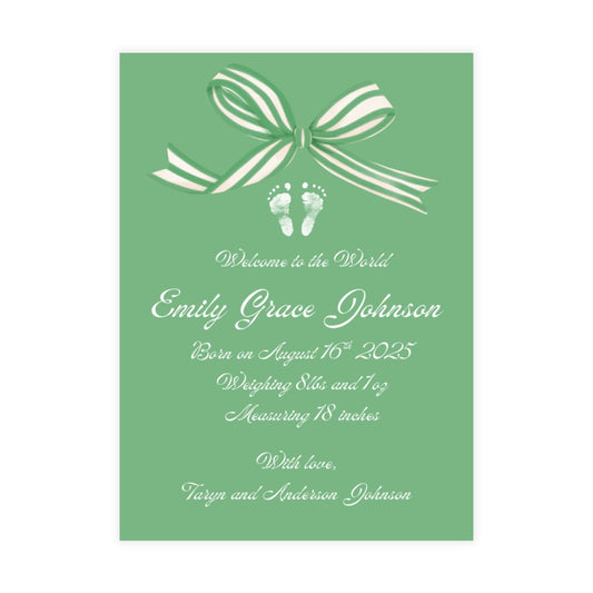Green birth announcement card with a white bow and baby footprint design.