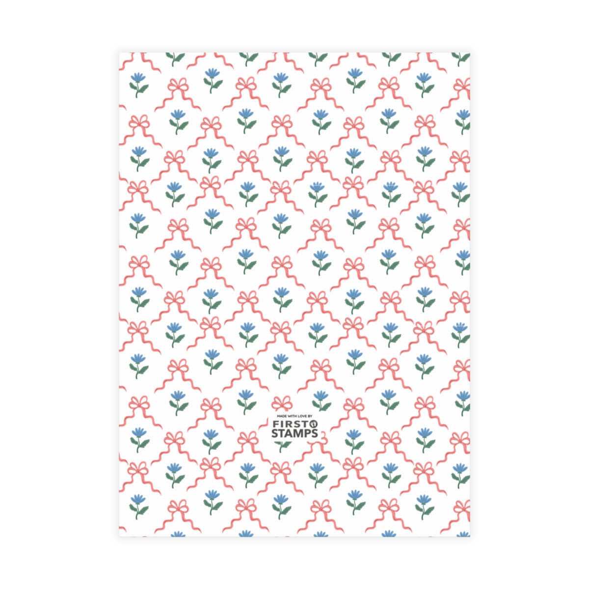 Red & blue patterned paper with floral and bow design on a white background. First Stamps logo at bottom.