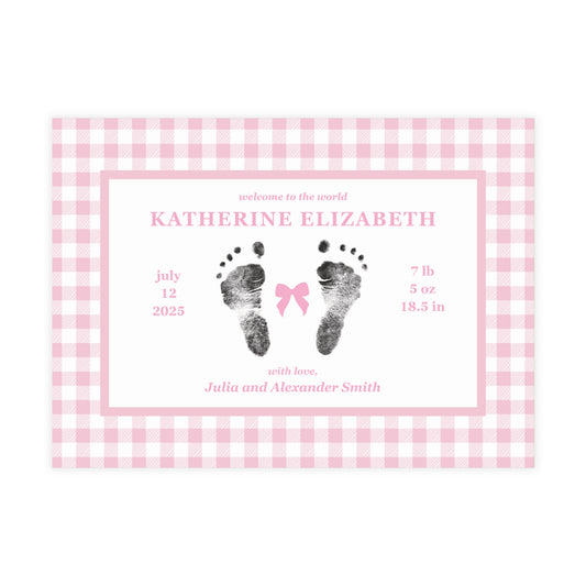Baby birth announcement card with pink gingham border and footprints on a white background