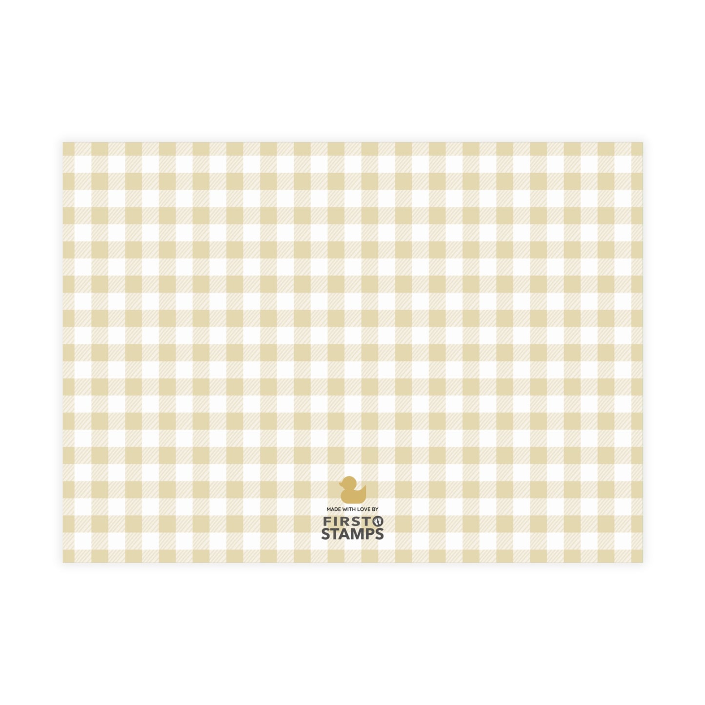 Yellow and white checkered paper with 'First Stamps' logo at the bottom right corner on a white background.