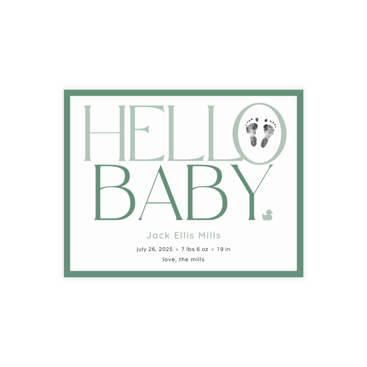 Baby footprint announcement card with 'Hello Baby' text and footprints on a white background
