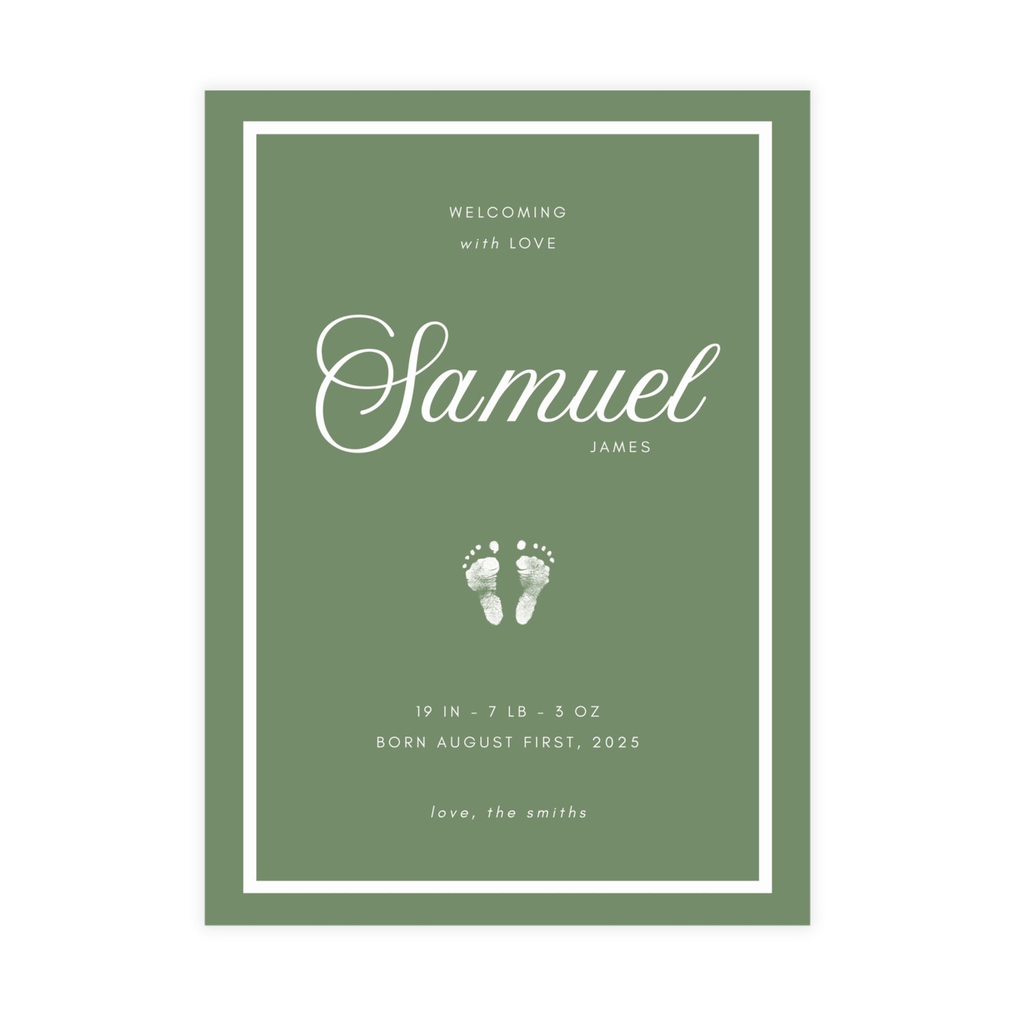 Green birth announcement card with white text and baby footprint illustration