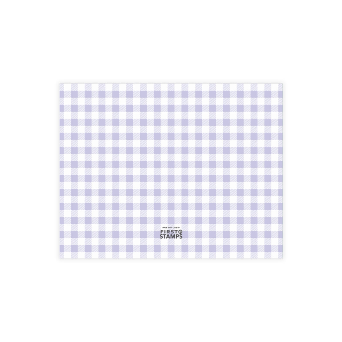 Purple and white checkered pattern with First Stamps logo at the bottom.