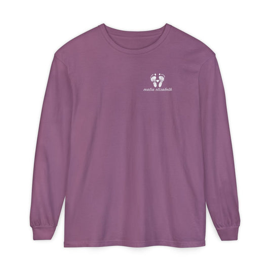 Berry long-sleeve shirt with a baby footprint logo on the chest.