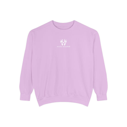 Orchid sweatshirt with a baby footprint logo