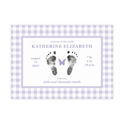 Baby birth announcement card with purple gingham border and footprints on a white background