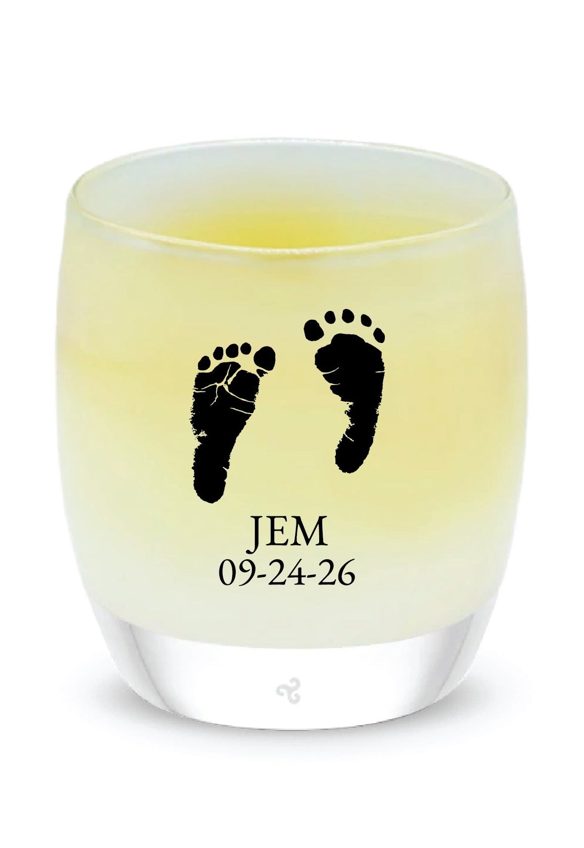 Glassybaby candle with footprints and text on a white background