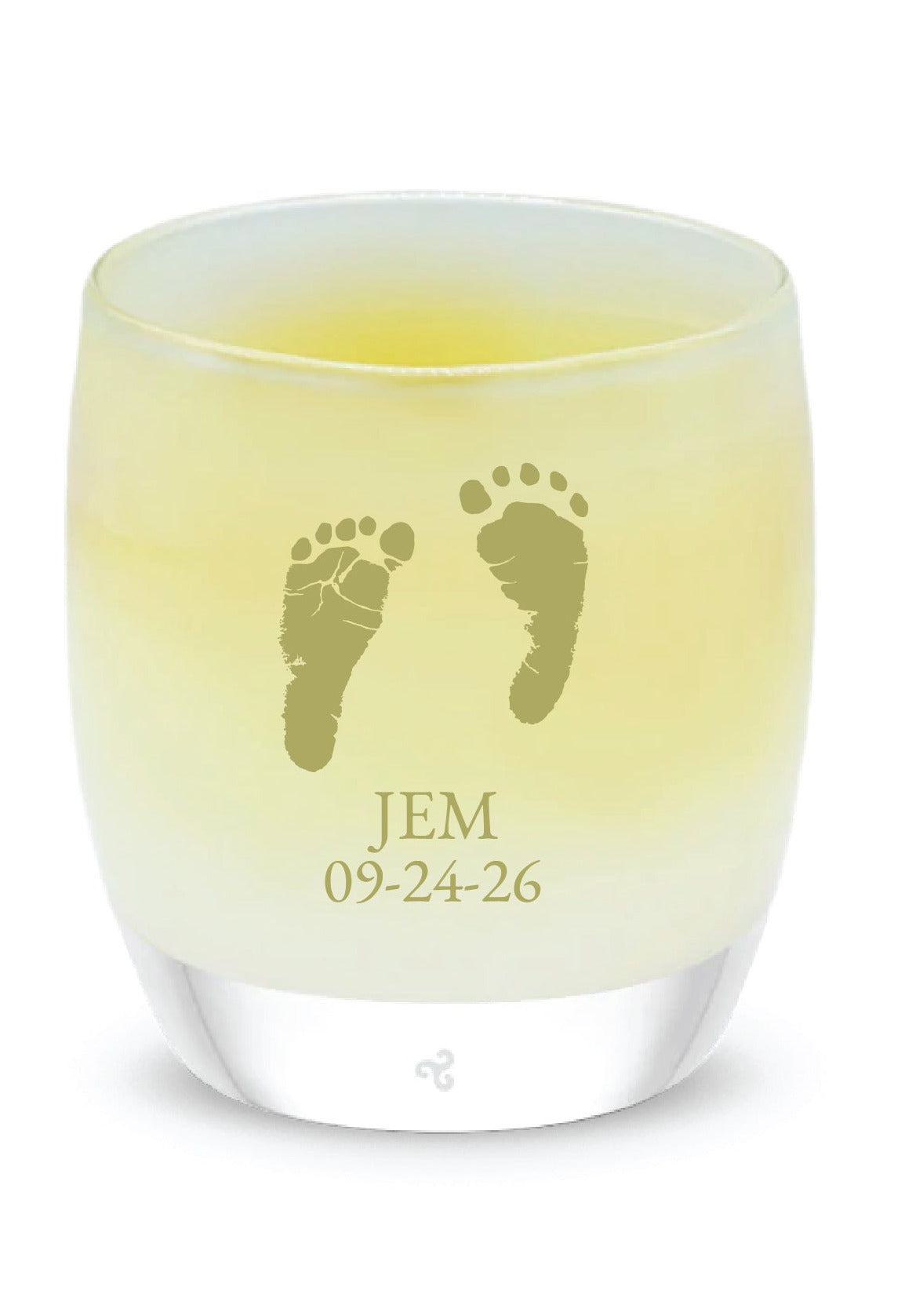 Glassybaby candle with footprints and text on a white background