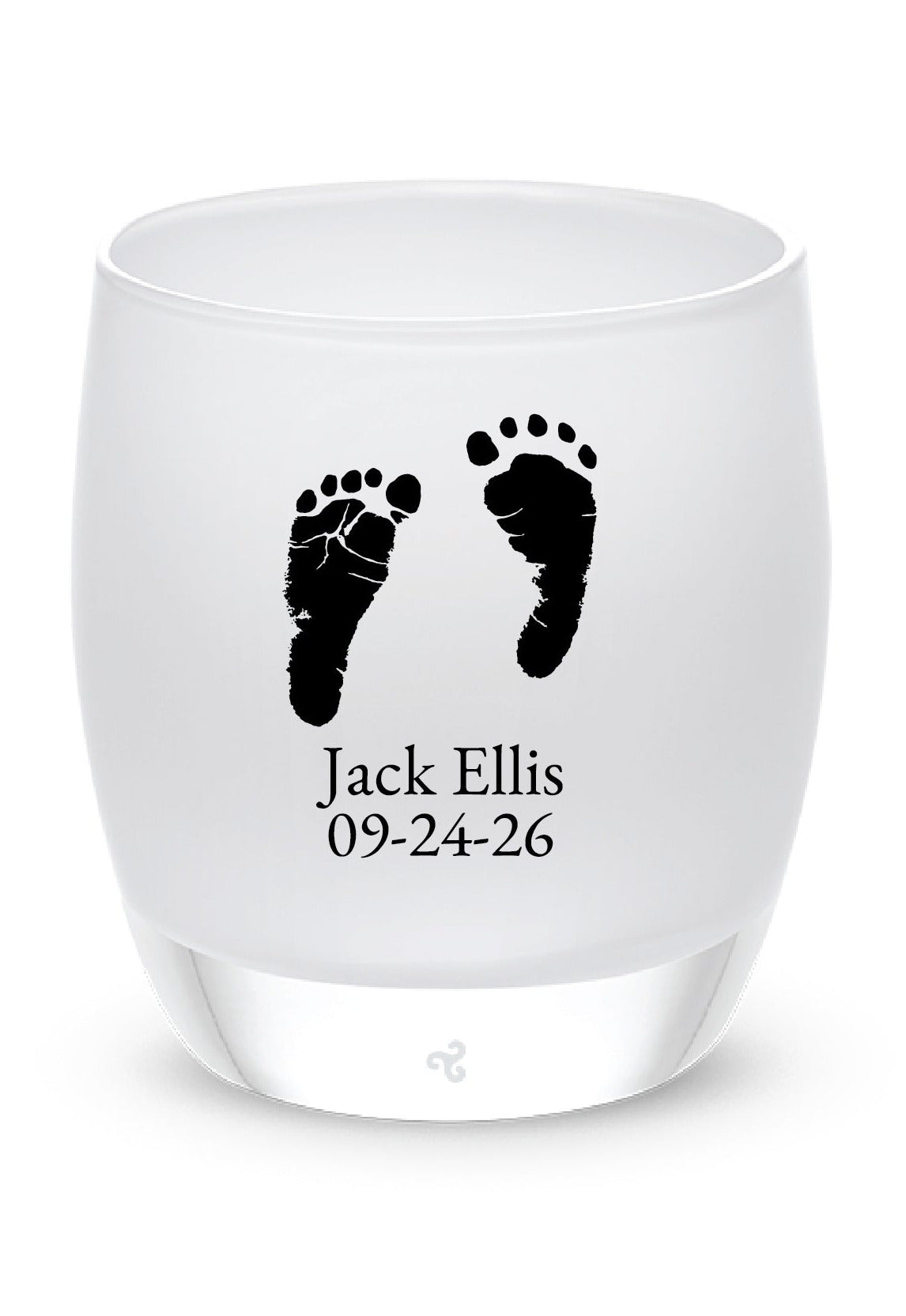 Glassybaby tea candle holder with footprints and text on a white background