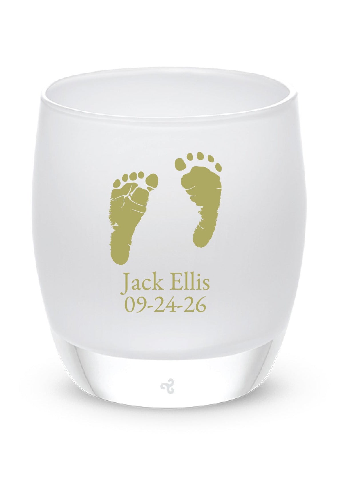 White tea candle holder with gold footprints and text on a white background, featuring the Glassybaby brand.