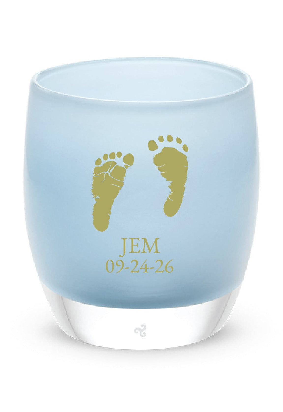 Glassybaby tea light holder with gold footprints and text on a white background