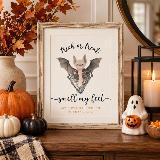 A framed personalized Halloween footprint keepsake featuring a cute bat baby on a heart-shaped boot with the text 'trick or treat smell my feet MY FIRST HALLOWEEN THOMAS - 2025'. The rustic wood frame is styled on a wooden table with autumn decorations including pumpkins, a ghost candle holder, and a lit candle.