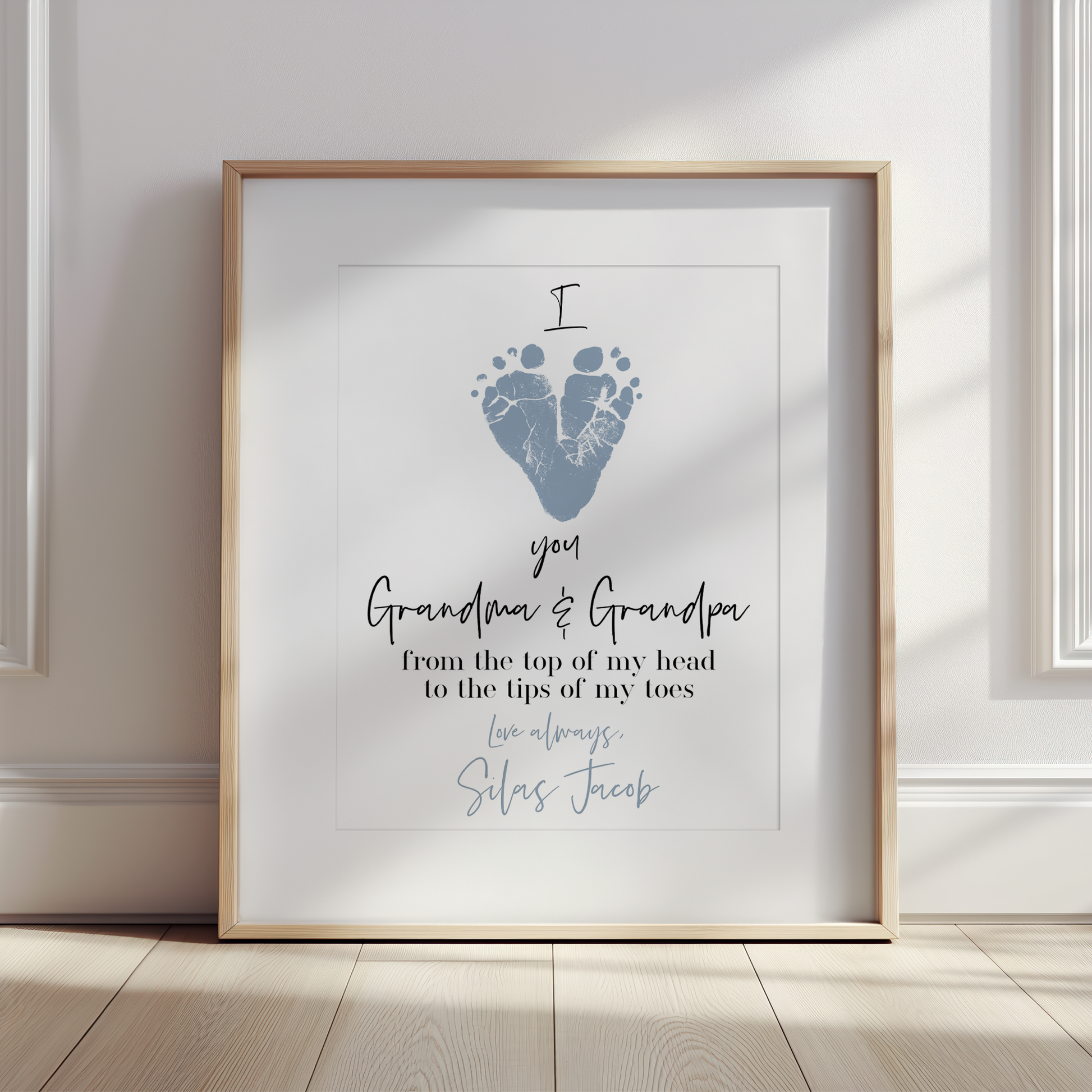 Framed print with footprints and text on a white wall
