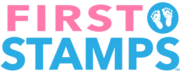 Logo of 'First Stamps' with pink and blue text and a blue circle with footprints.