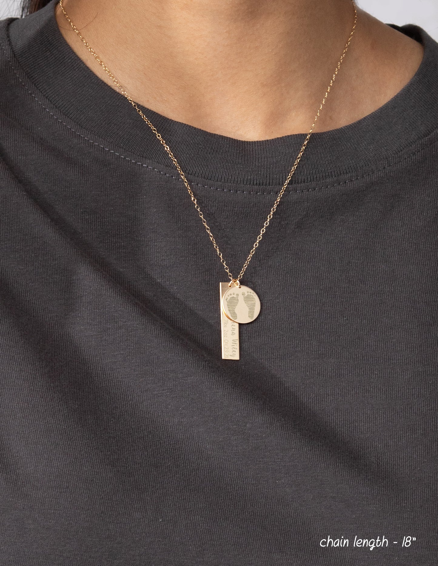 Footprint Engraved Single Disc Necklace with Baby Birth Stats Bar Necklace