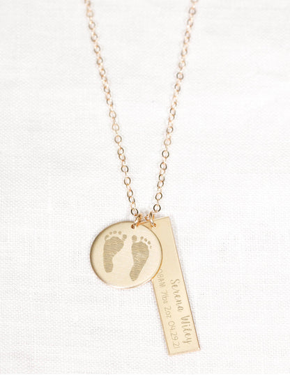 Footprint Engraved Single Disc Necklace with Baby Birth Stats Bar Necklace