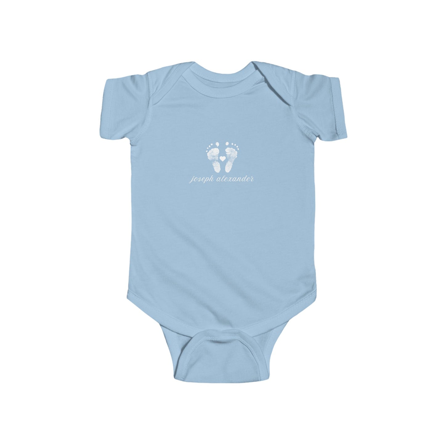 Light blue baby onesie with white footprint design.