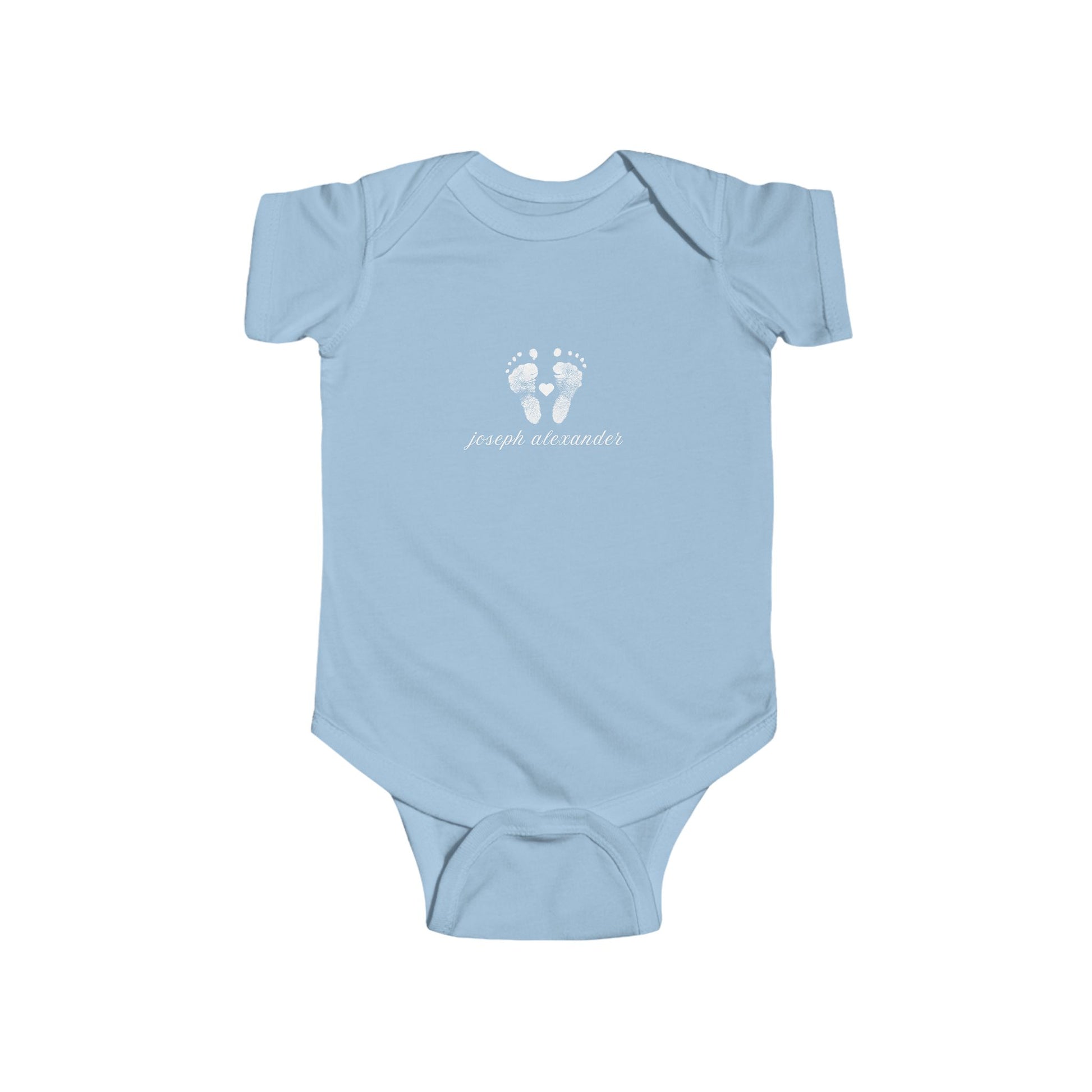 Light blue baby onesie with white footprint design.