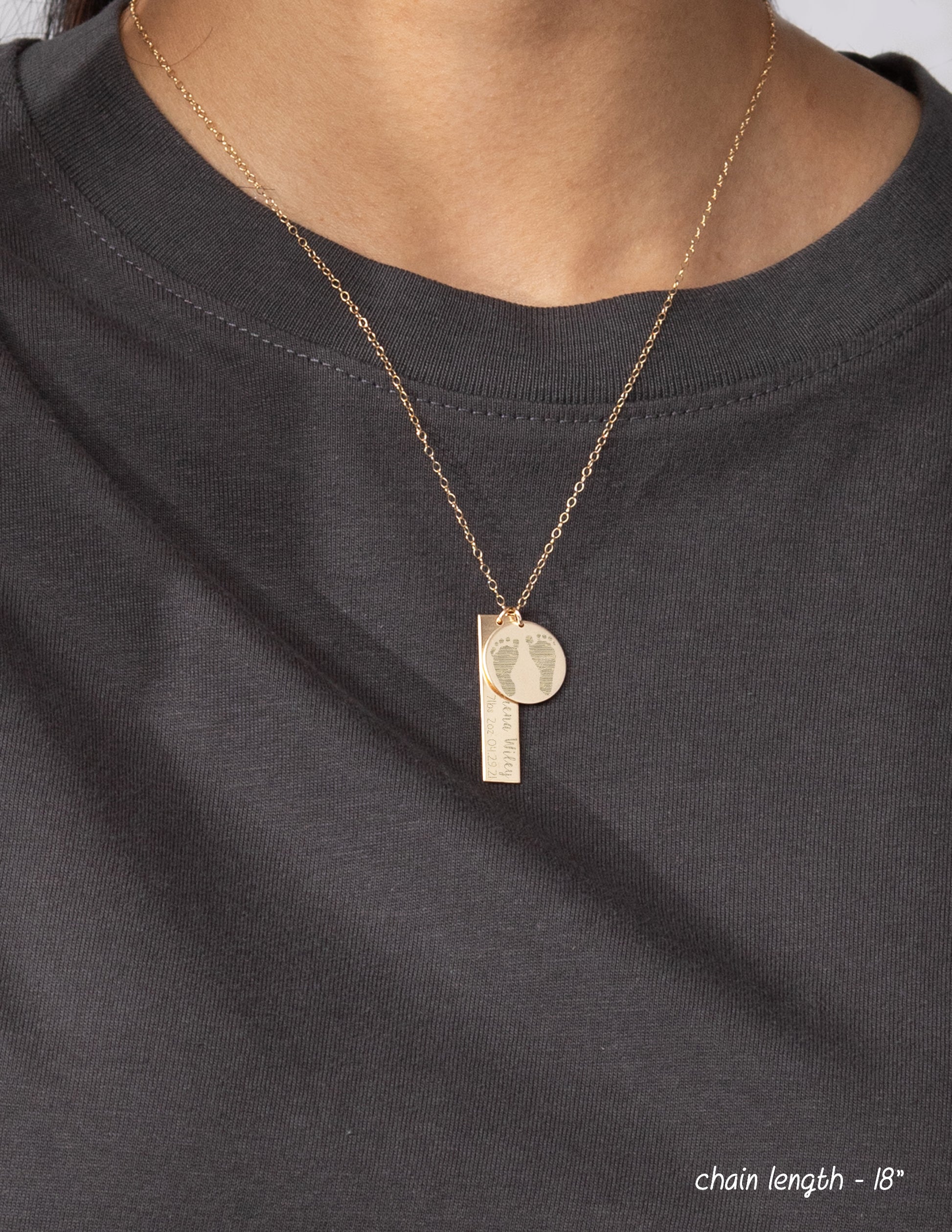 Gold Personalized Footprint Necklace with 18" Chain worn