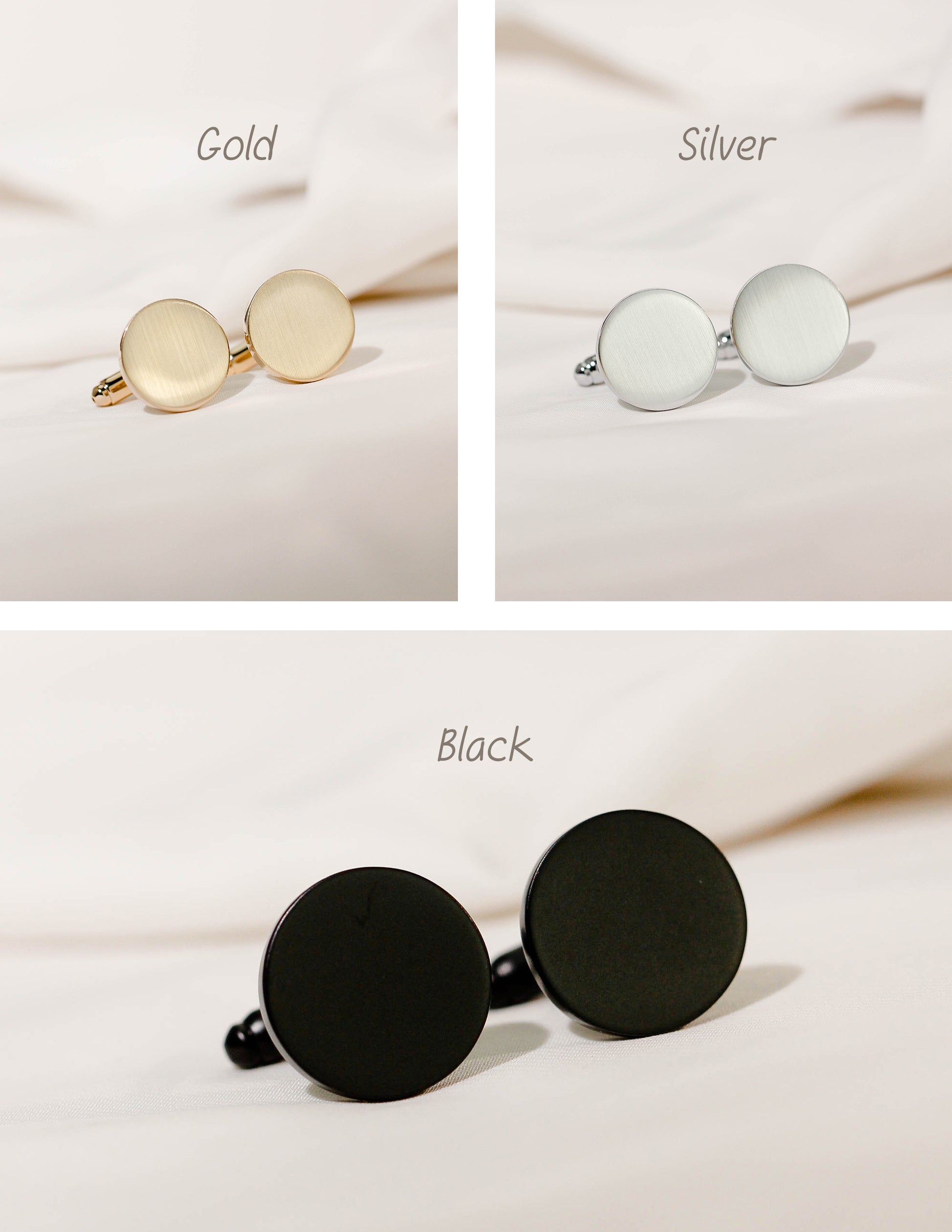 Three pairs of round stud earrings shown on a soft cream fabric background, labeled Gold, Silver, and Black. Each pair has a flat circular face with a post and backing visible. These are for baby footprint keepsake cufflinks.