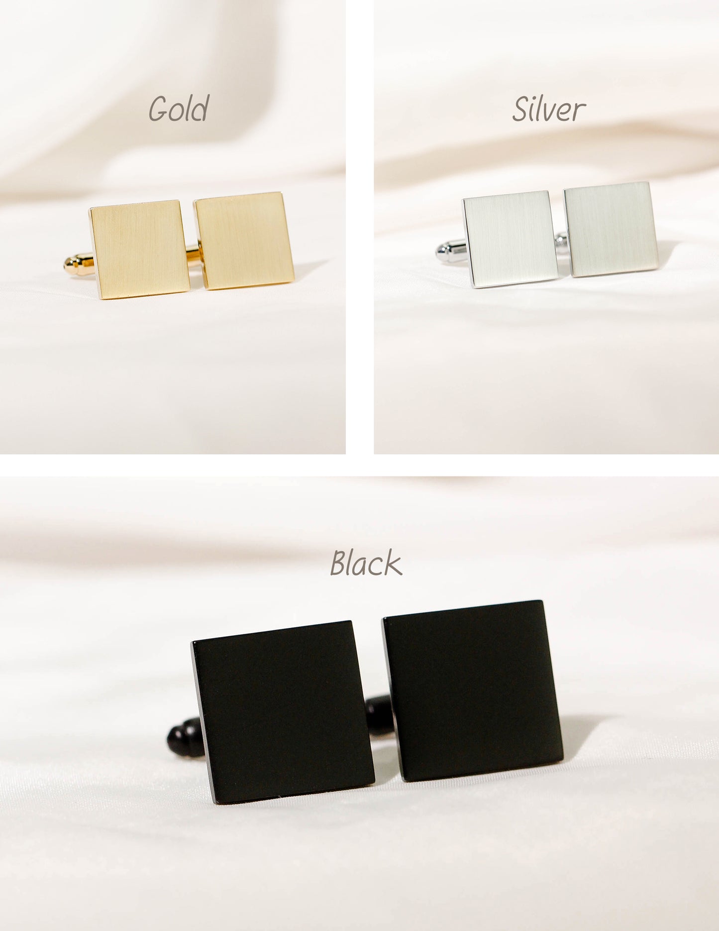Three panels show square cufflinks labeled Gold, Silver, and Black on a soft white fabric background. Each panel includes a small inset of the cufflinks from the front and side. these are for baby footprint keepsake cufflinks.