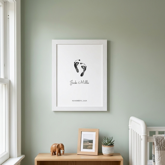 Framed keepsake of footprints on a wall in a nursery with a wooden shelf and crib.