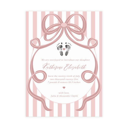 Baby footprint announcement card with pink bow and stripes