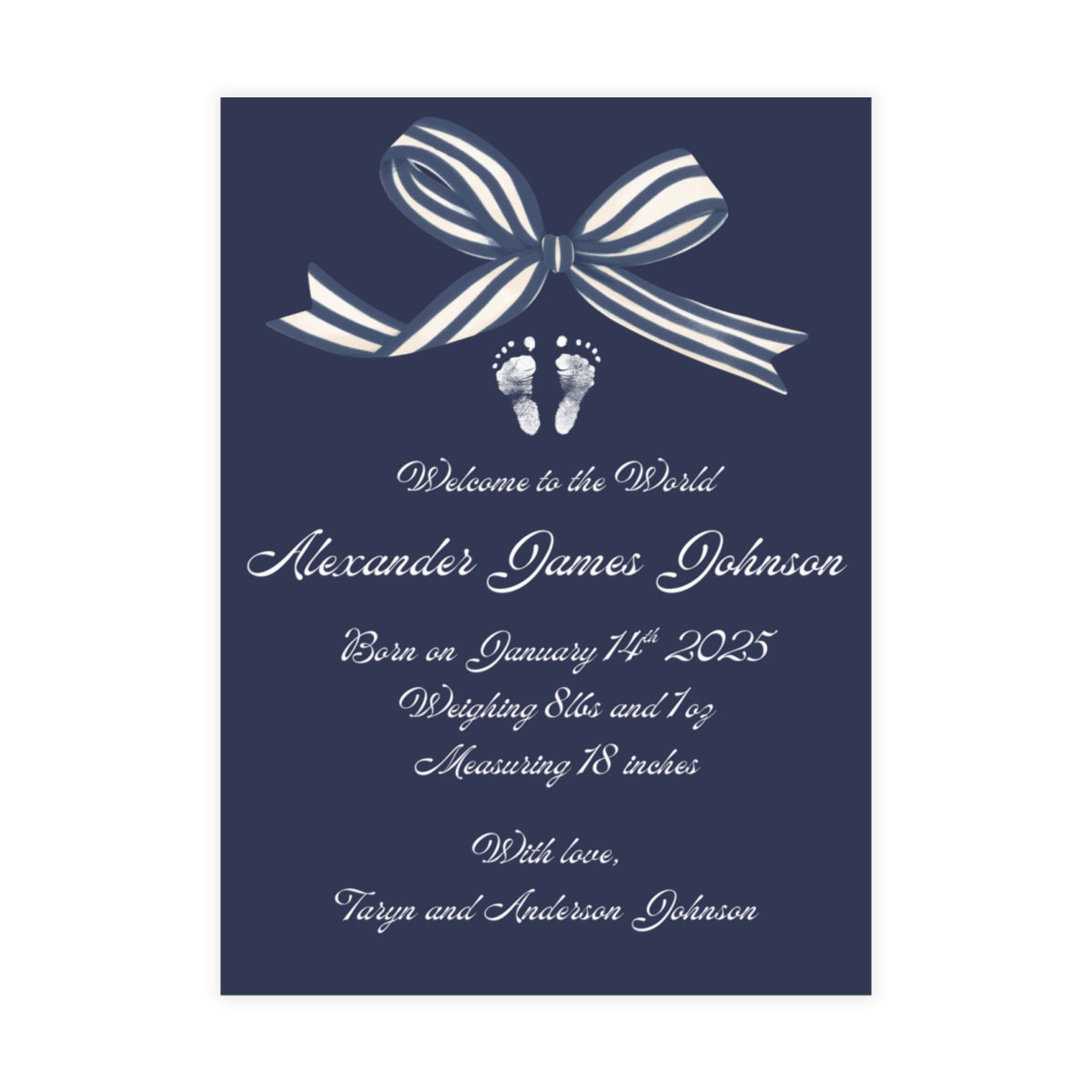 Deep blue birth announcement card with a white bow and baby footprint design.