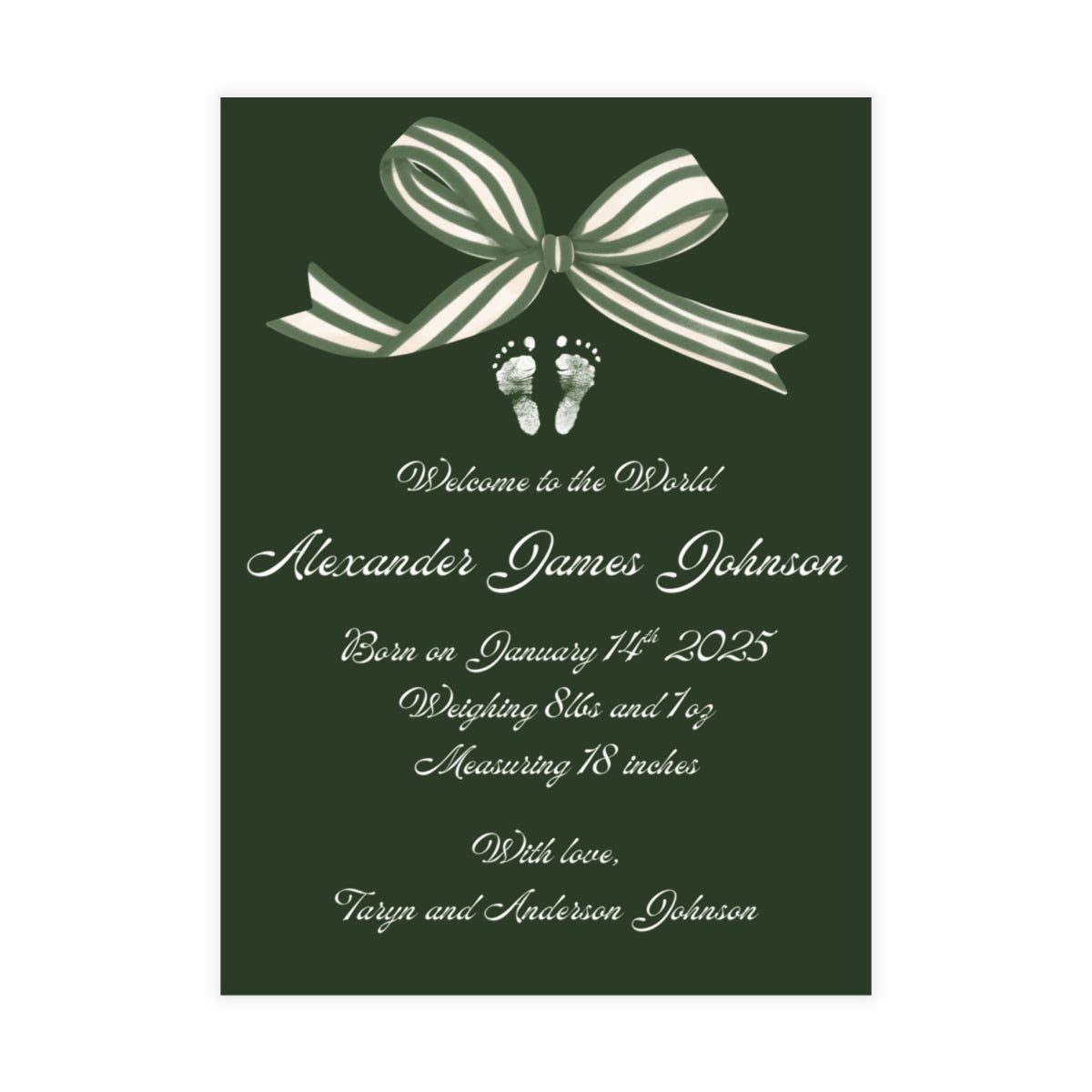 Deep green birth announcement card with a white bow and baby footprint design.