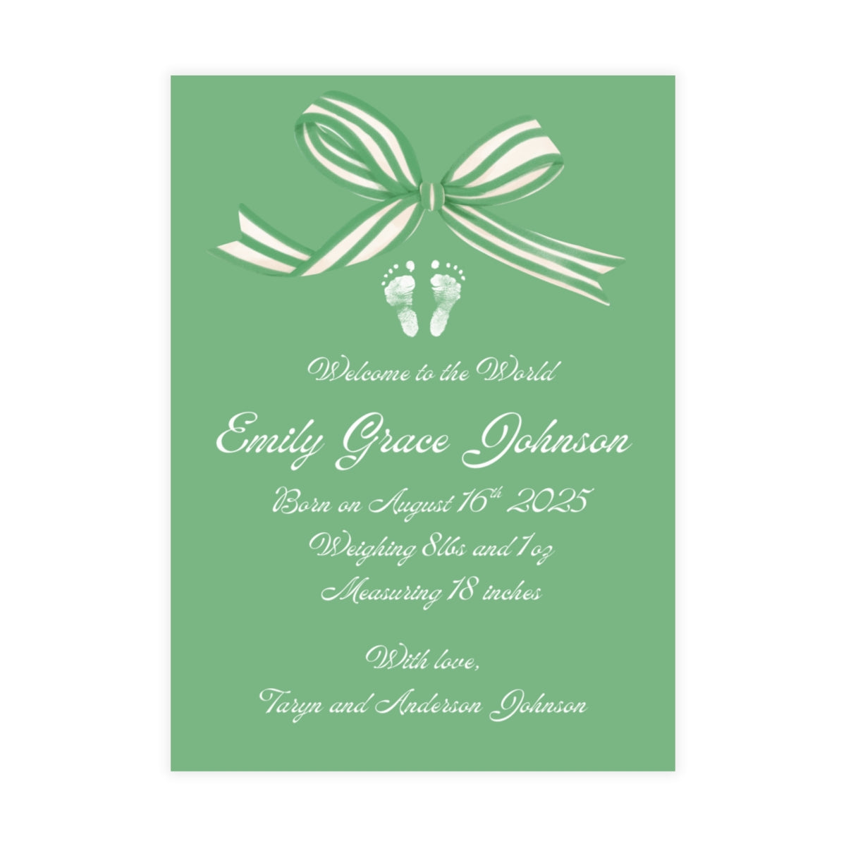 Green birth announcement card with a white bow and baby footprint design.