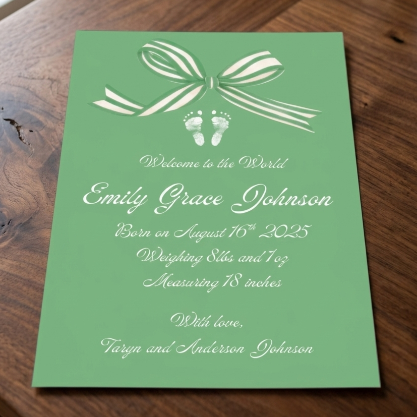 Green birth announcement card with white text and footprints