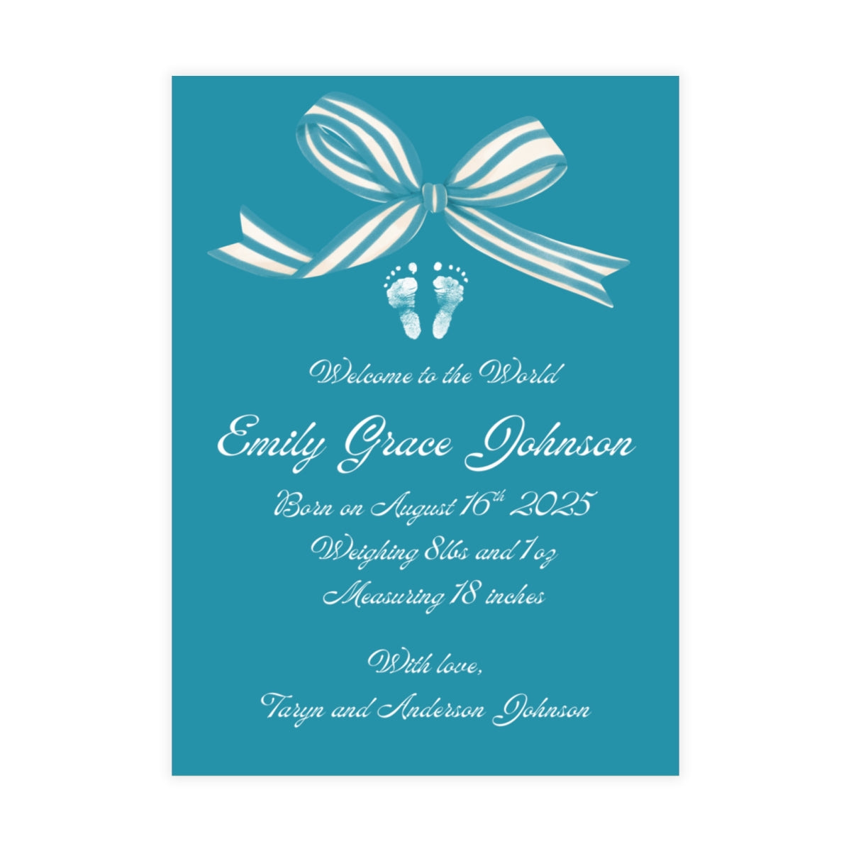 Light blue birth announcement card with a white bow and baby footprint design.