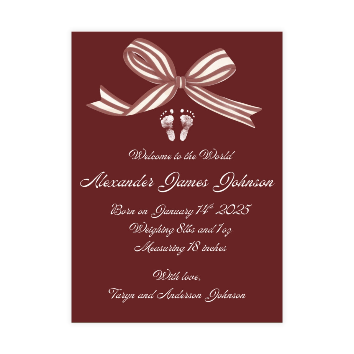 Red birth announcement card with a white bow and baby footprint design.