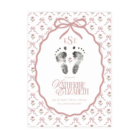 Birth announcement with footprints, decorative frame, and floral elements on a white background.