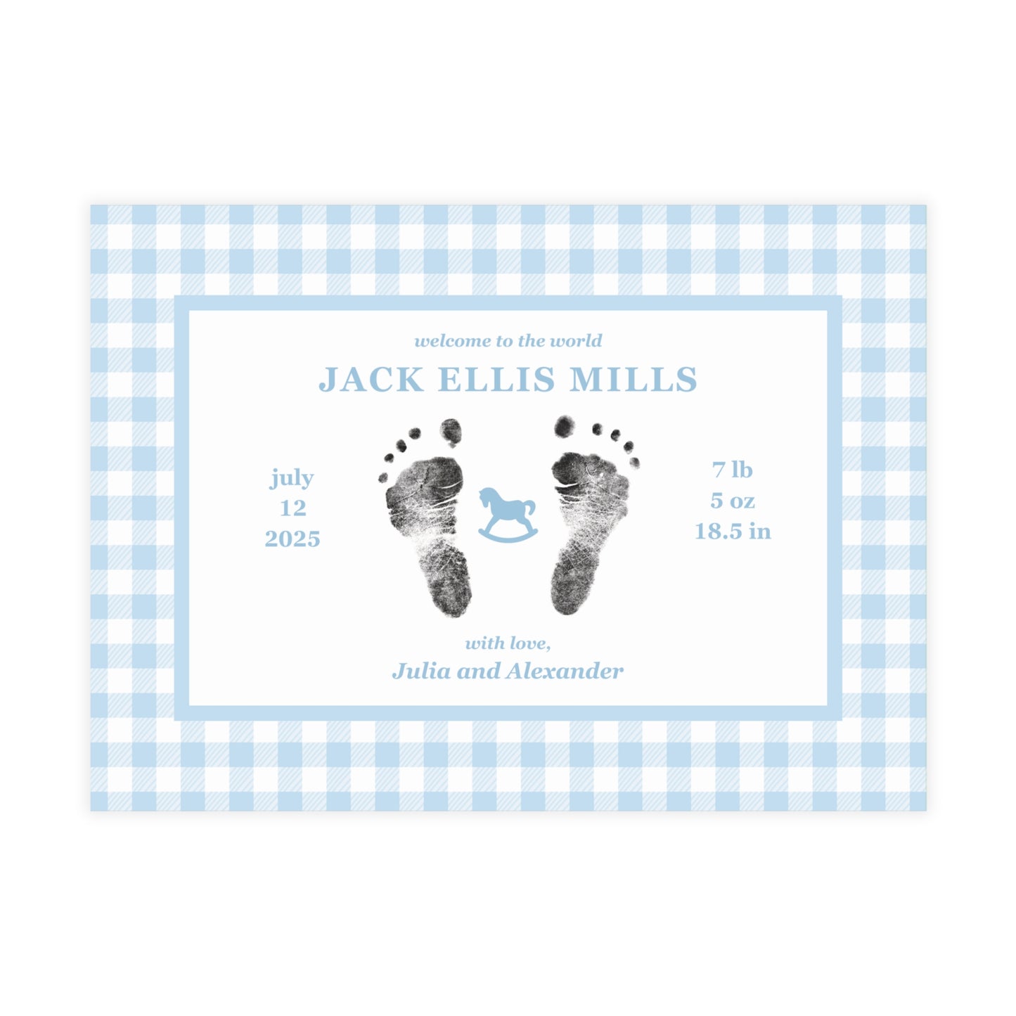 Baby birth announcement card with blue gingham border and footprints on a white background