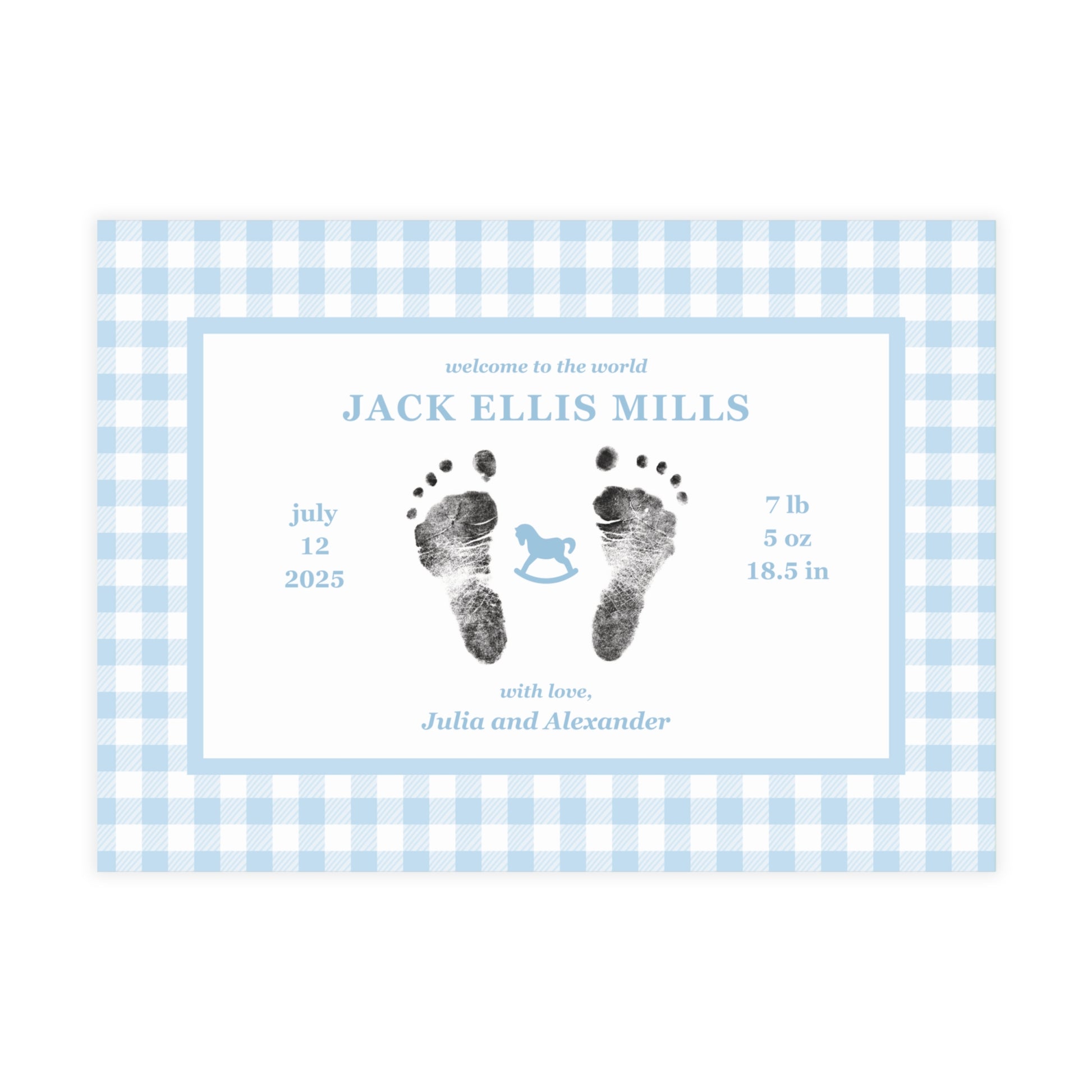 Baby birth announcement card with blue gingham border and footprints on a white background