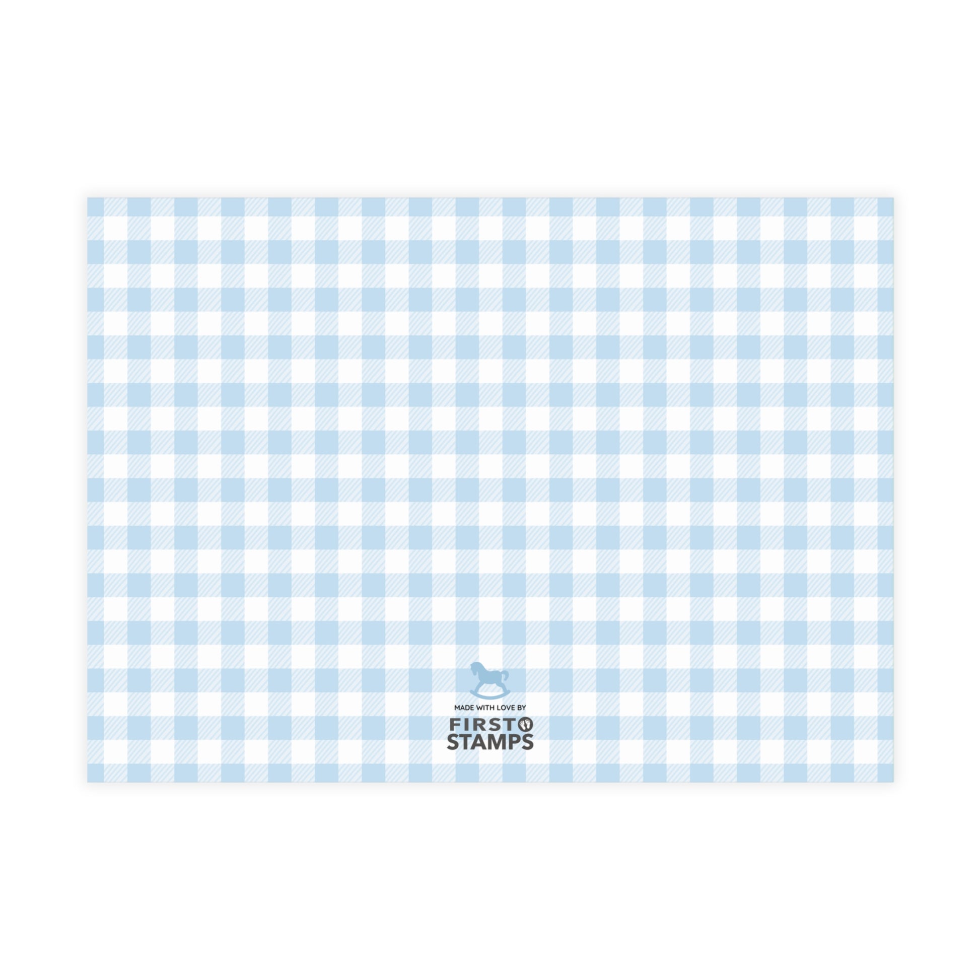 Blue and white checkered paper with 'First Stamps' logo at the bottom right corner on a white background.
