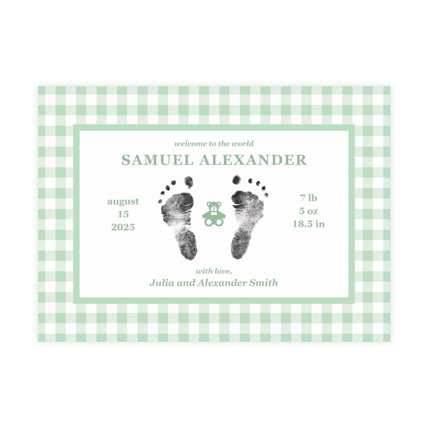 Baby birth announcement card with green gingham border and footprints on a white background