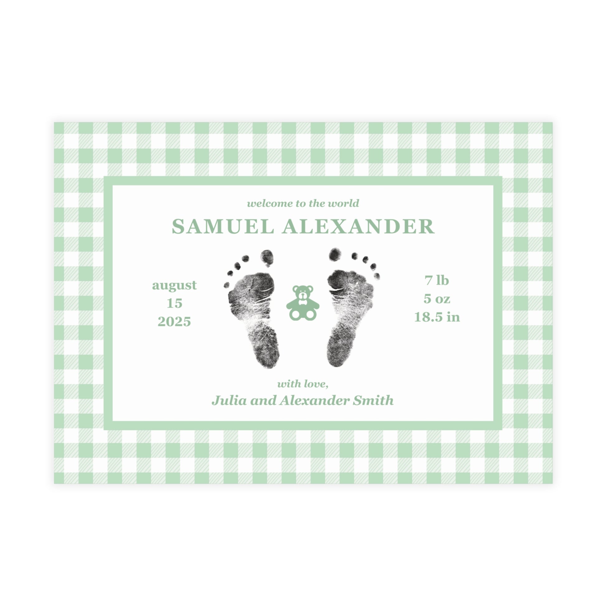 Baby birth announcement card with green gingham border and footprints on a white background