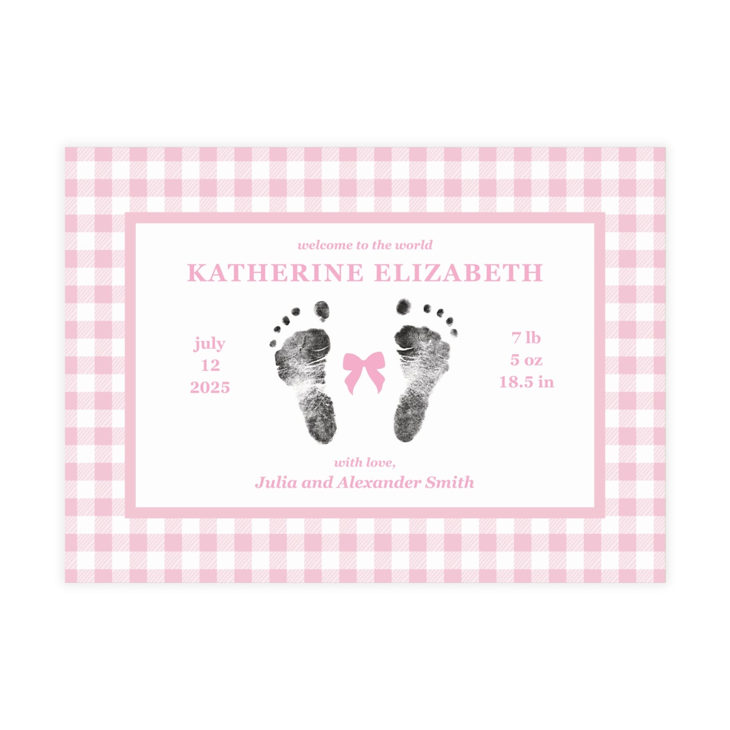 Baby birth announcement card with pink gingham border and footprints on a white background