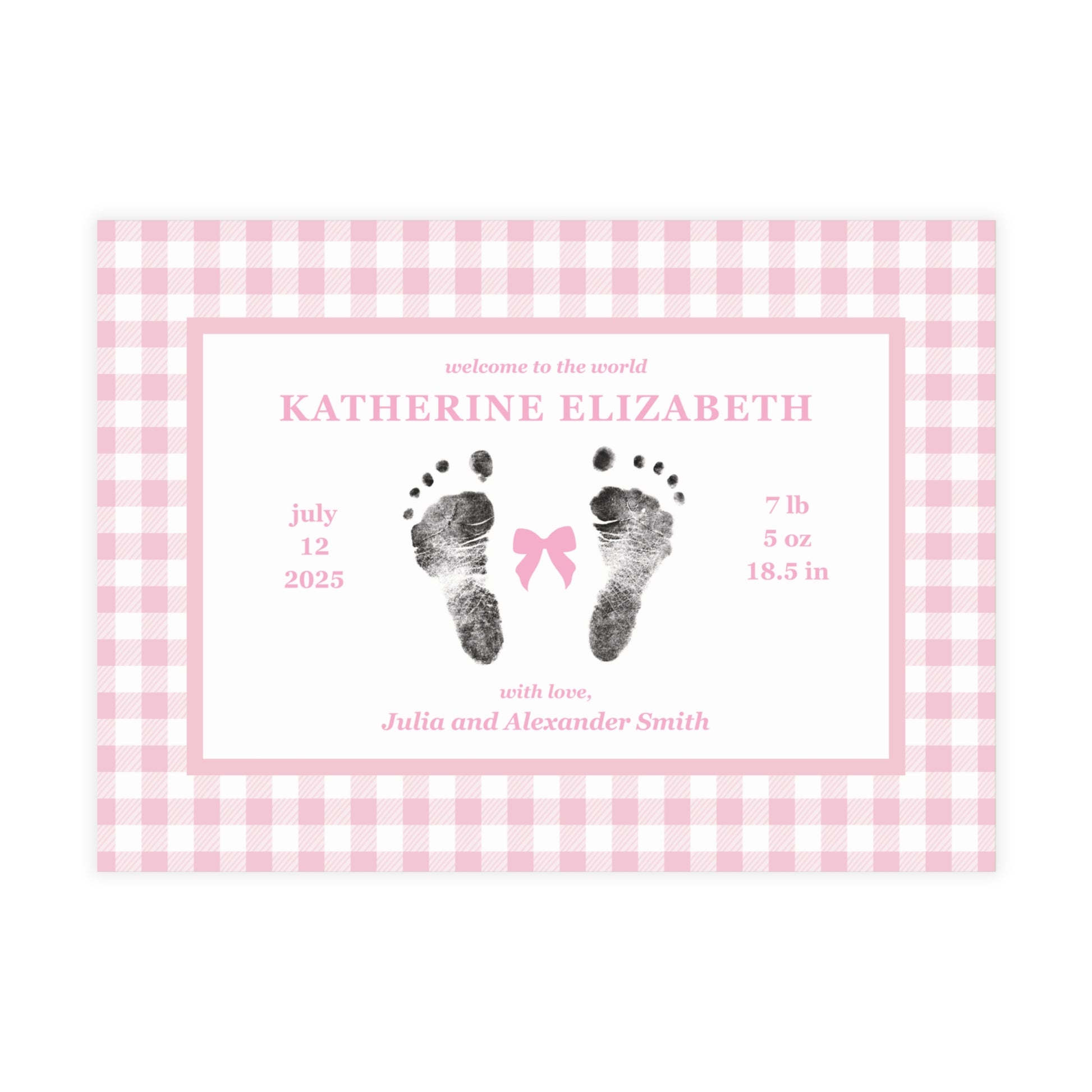 Baby birth announcement card with pink gingham border and footprints on a white background