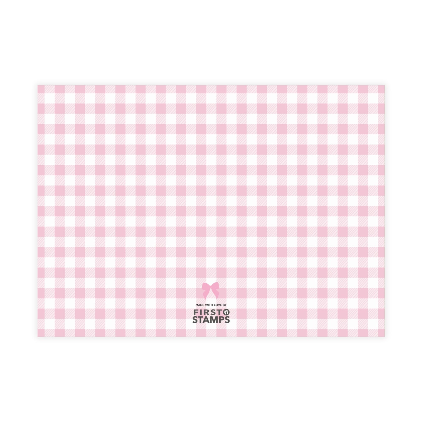 Pink and white checkered paper with 'First Stamps' logo at the bottom right corner on a white background.