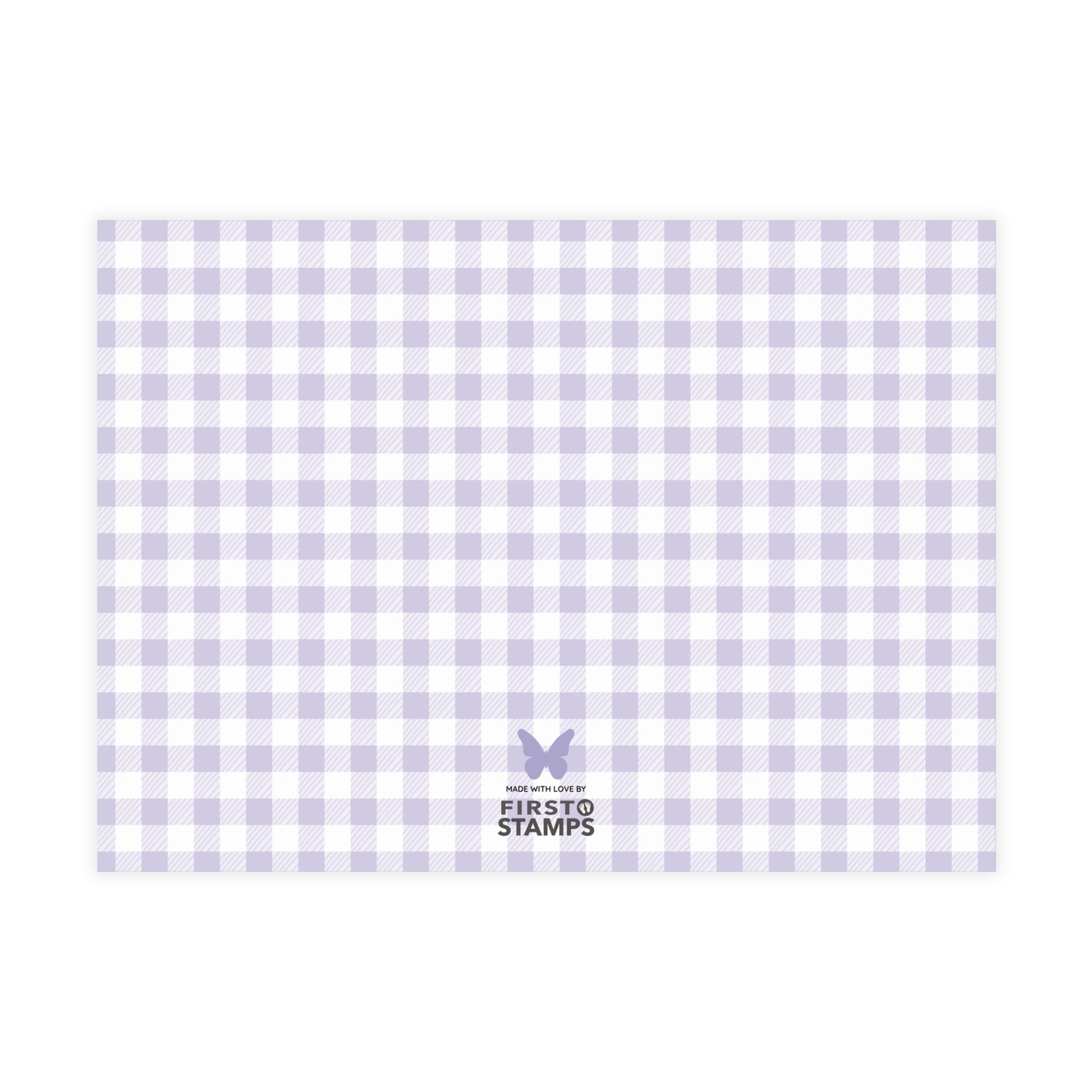Purple and white checkered paper with 'First Stamps' logo at the bottom right corner on a white background.