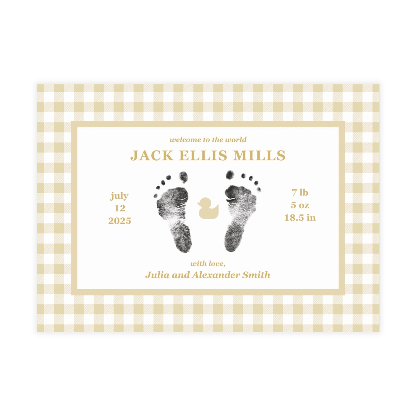 Baby birth announcement card with yellow gingham border and footprints on a white background