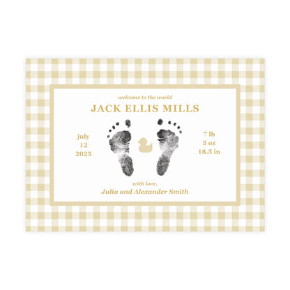 Baby birth announcement card with yellow gingham border and footprints on a white background