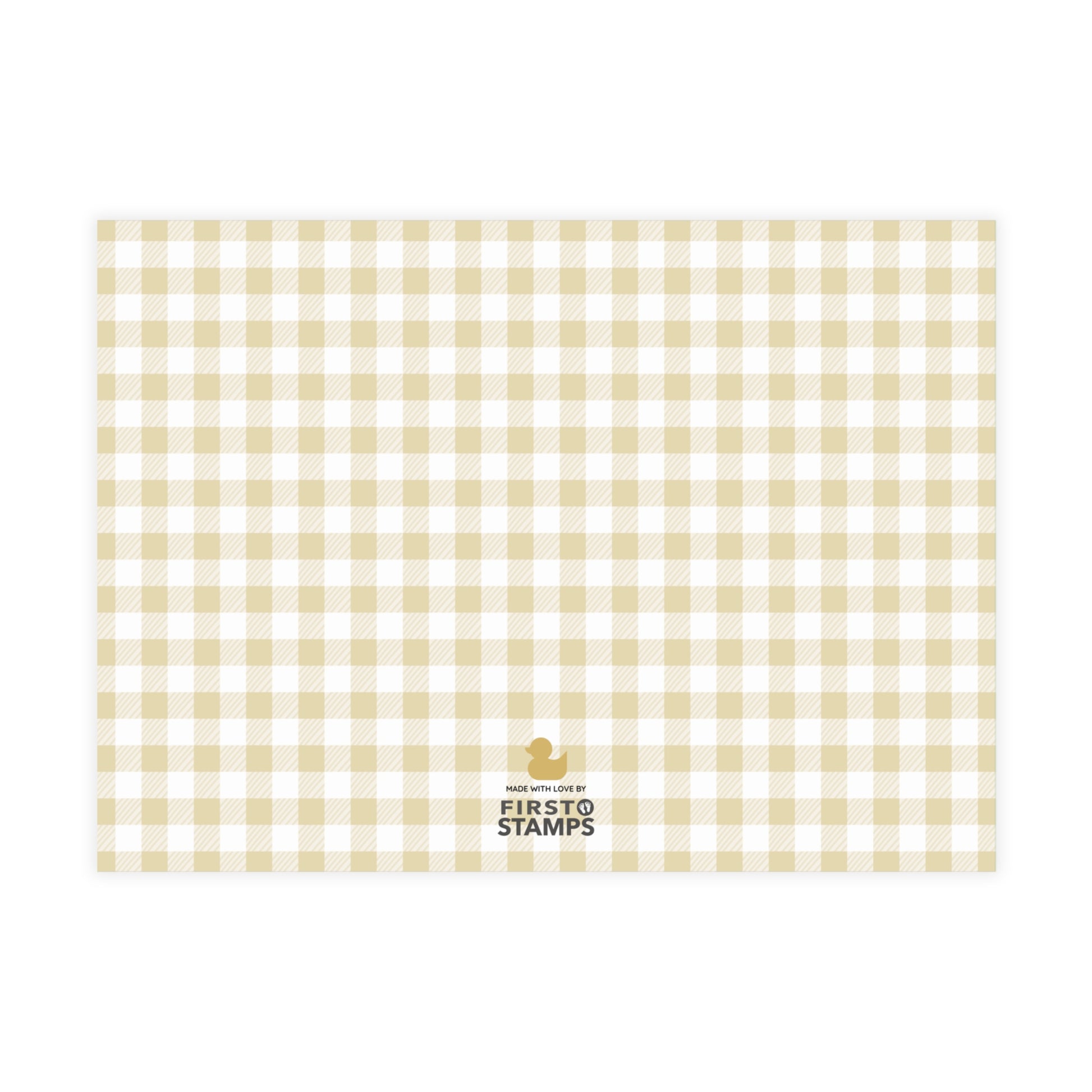 Yellow and white checkered paper with 'First Stamps' logo at the bottom right corner on a white background.