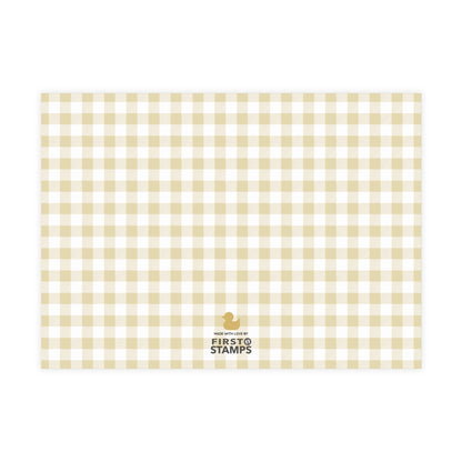 Yellow and white checkered paper with 'First Stamps' logo at the bottom right corner on a white background.