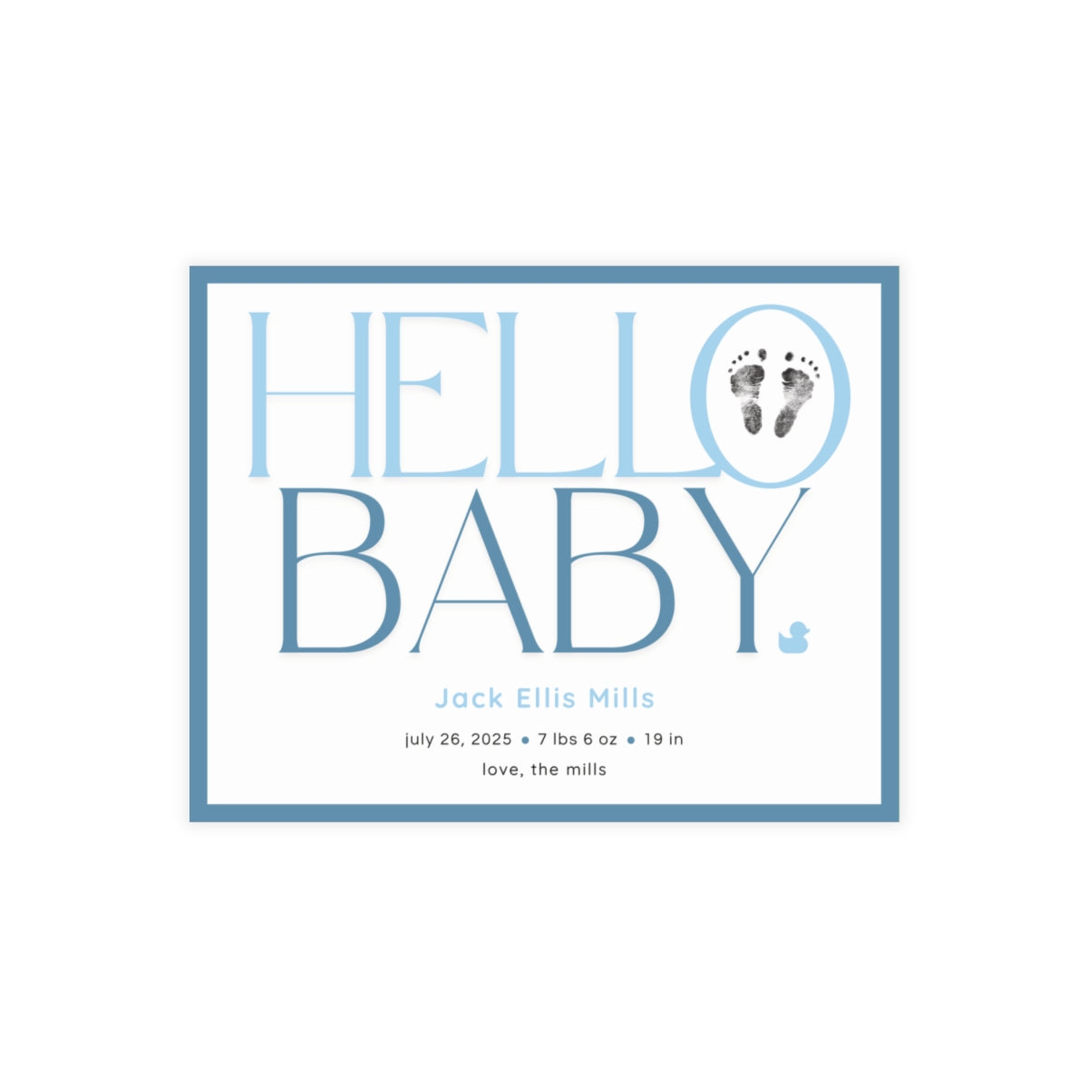 Baby footprint announcement card with 'Hello Baby' text and footprints on a white background
